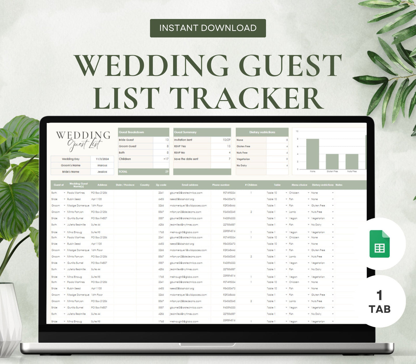 wedding guest list, wedding RSVP tracker, wedding seating chart spreadsheet, guest list template, editable wedding spreadsheet, digital wedding organizer, bridal planning tool