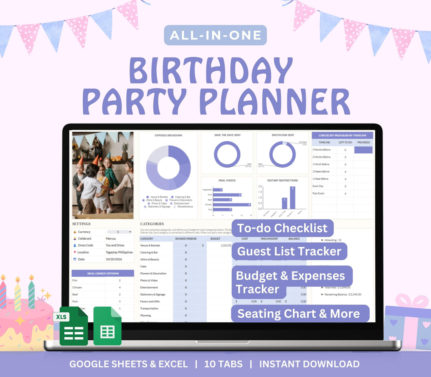 birthday party planner, birthday spreadsheet, birthday budget tracker, editable party planner, birthday checklist, digital party organizer, event planning template