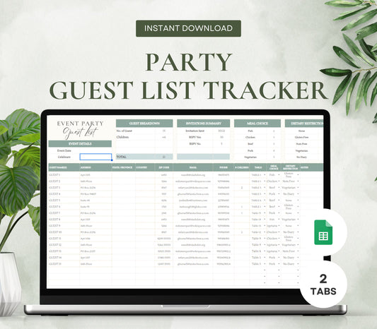 party guest list, guest tracker spreadsheet, RSVP tracker, party planning template, seating chart planner, editable guest list, digital event organizer