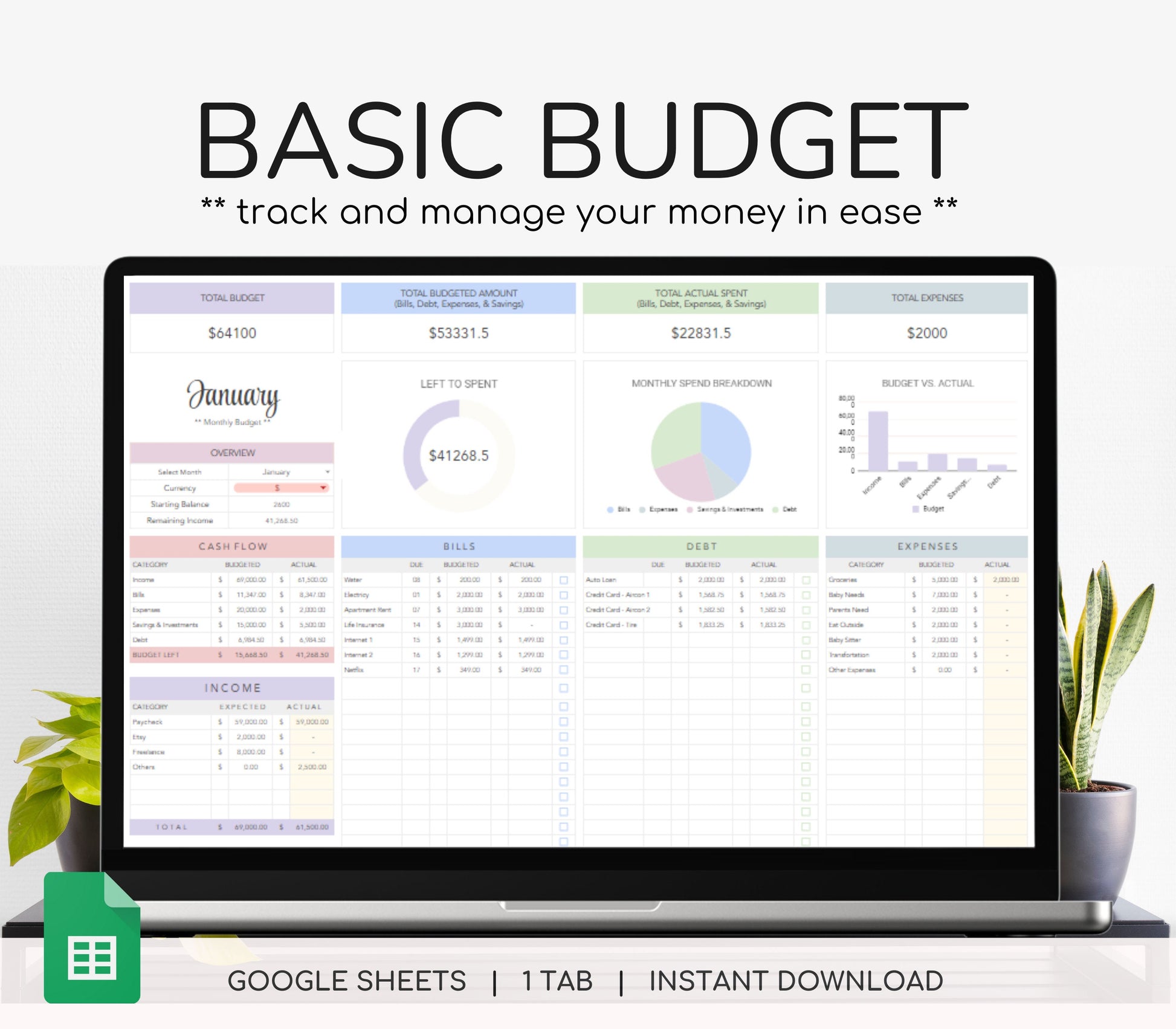 monthly budget planner, budget spreadsheet, personal finance tracker, expense tracker, savings planner, debt tracker, digital budget template, editable finance spreadsheet