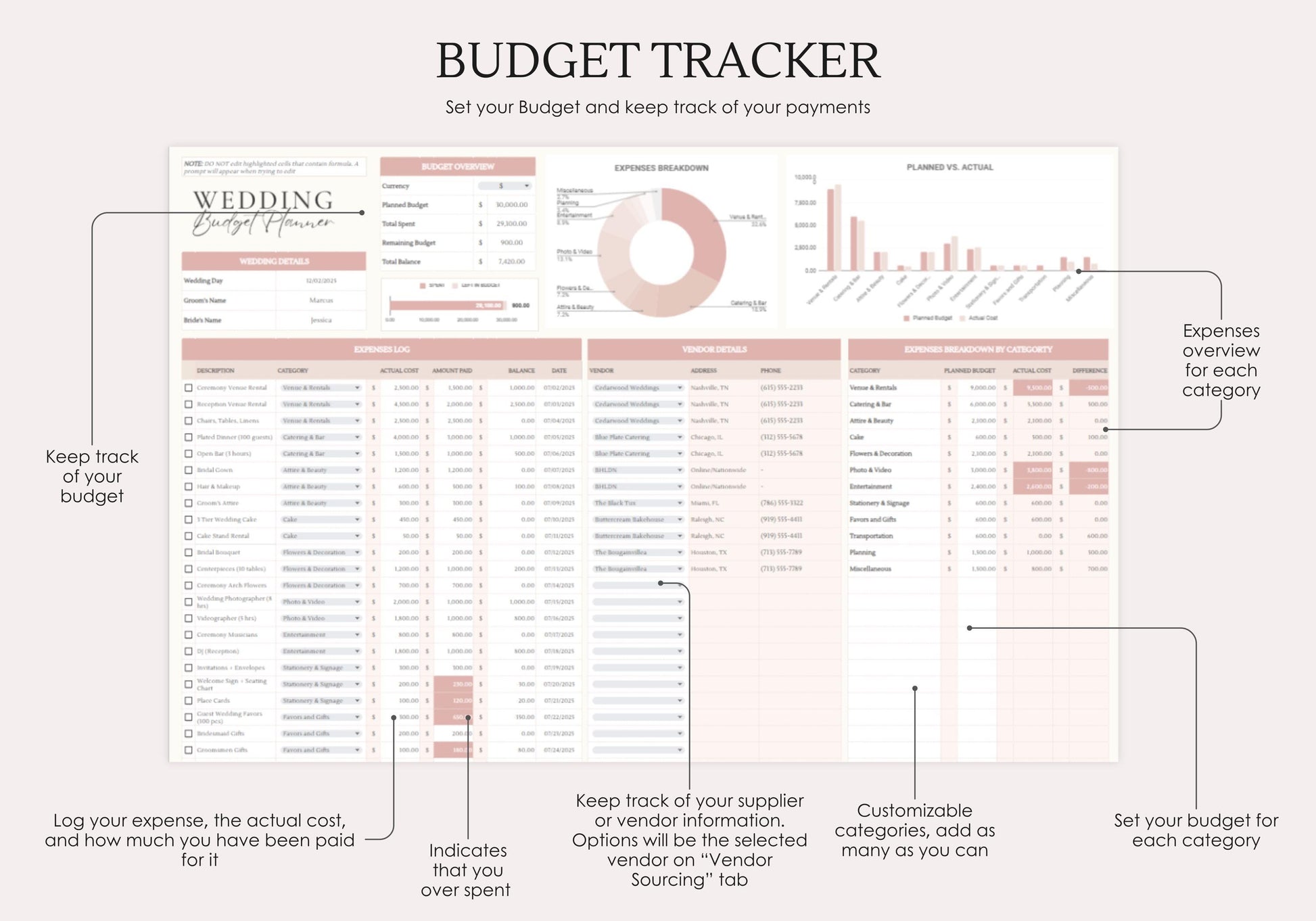 Wedding Planner Spreadsheet,  Wedding planning template, Wedding Budget Tracker