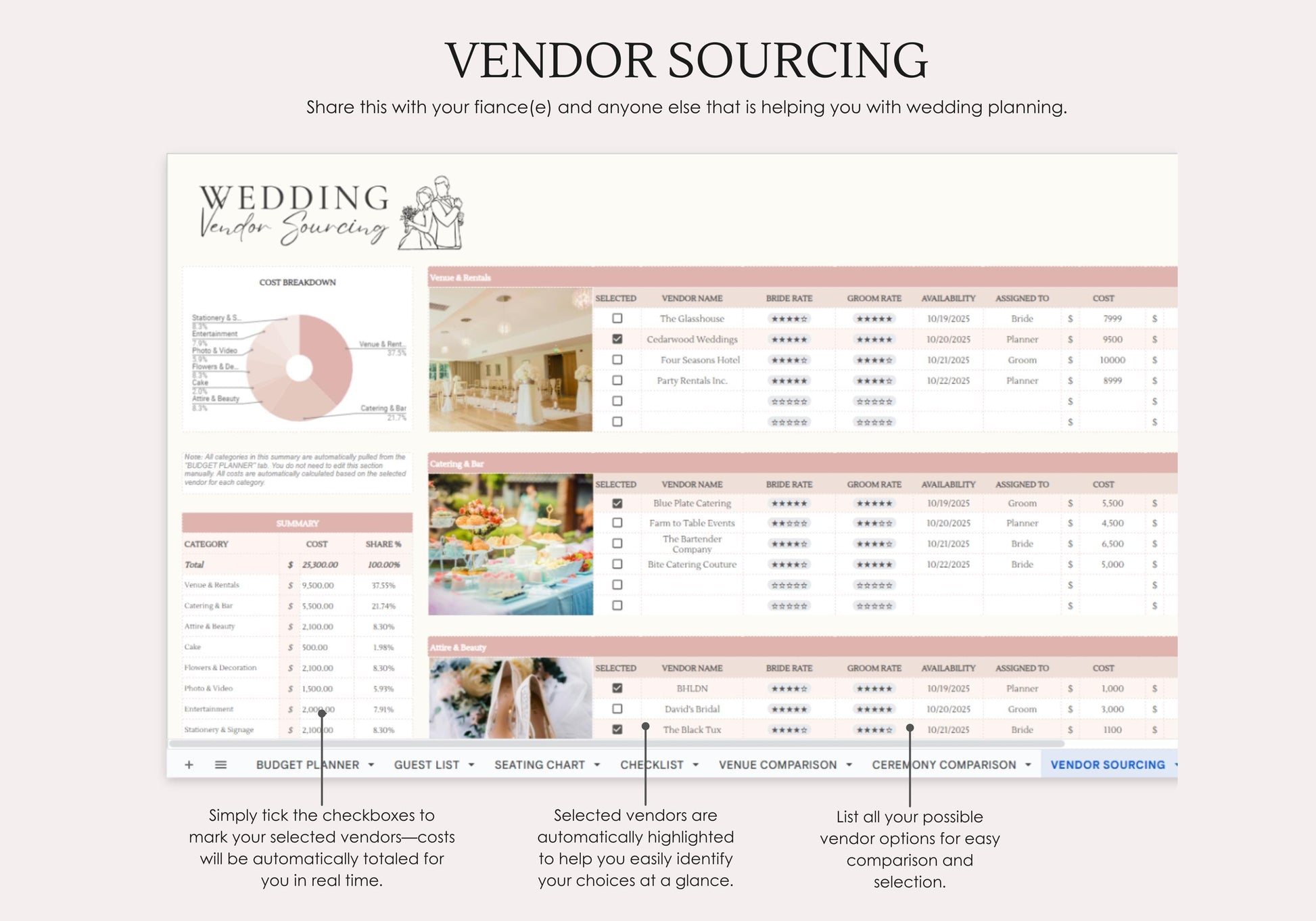 Wedding Planner Spreadsheet, Wedding planning template, Digital Wedding Organizer, Editable Wedding Planner, Bridal Planning Tool,  Vendor Sourcing