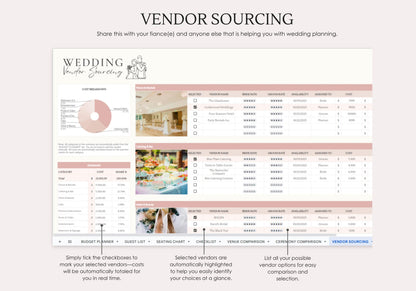 Wedding Planner Spreadsheet, Wedding planning template, Digital Wedding Organizer, Editable Wedding Planner, Bridal Planning Tool,  Vendor Sourcing