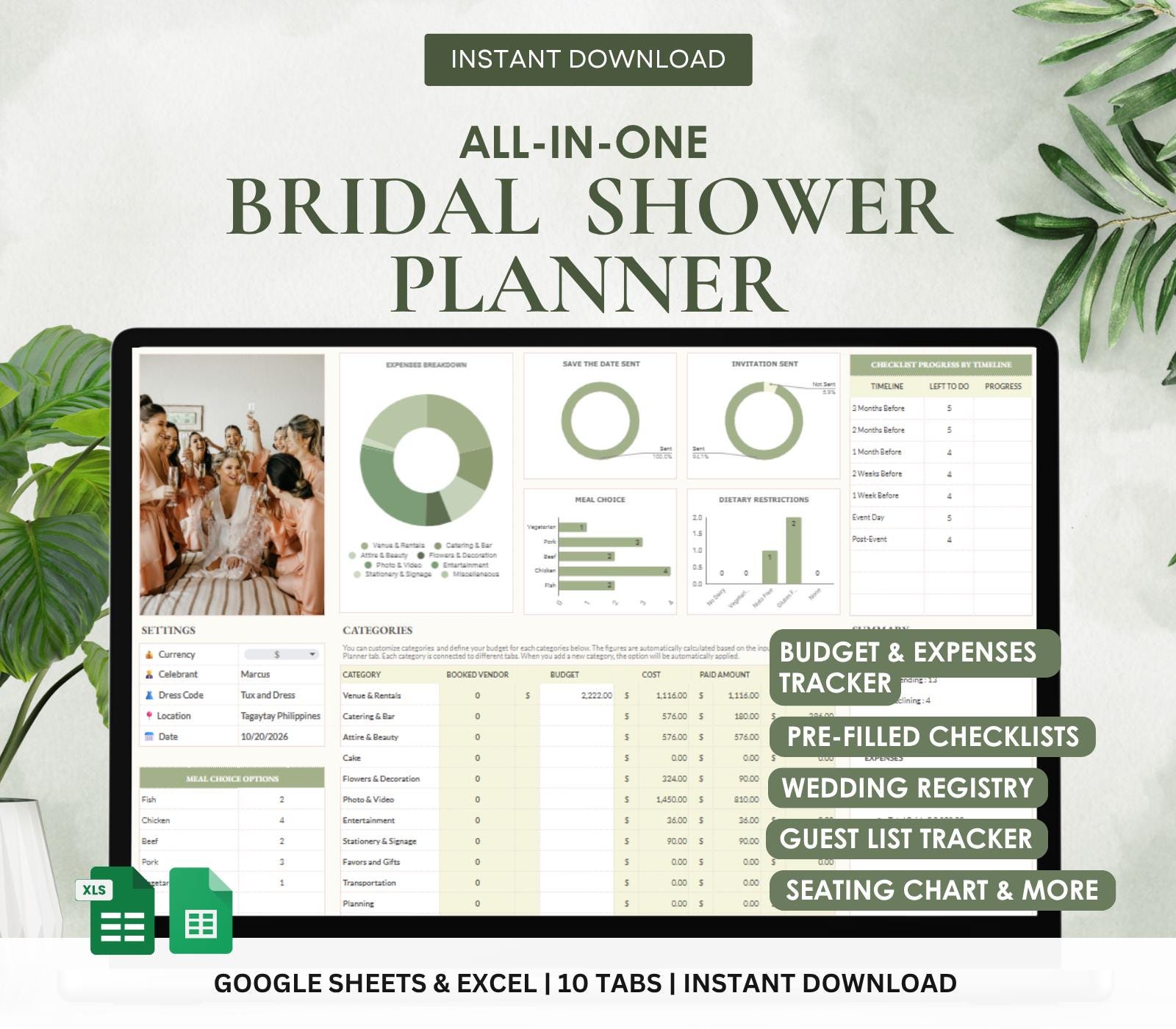 bridal shower planner, bridal shower spreadsheet, bridal shower checklist, bridal shower budget tracker, editable bridal shower template, digital event planner, bridal party planning tool
